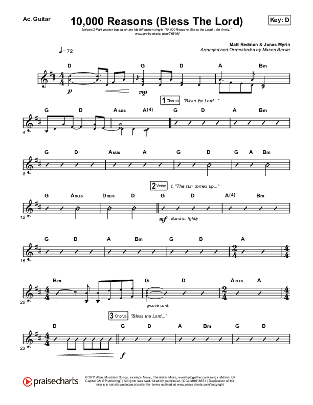 10,000 Reasons (Bless The Lord) (Unison/2-Part Choir) Acoustic Guitar (Matt Redman / Crowder / Tauren Wells / Naomi Raine / Worship Together / Arr. Mason Brown)
