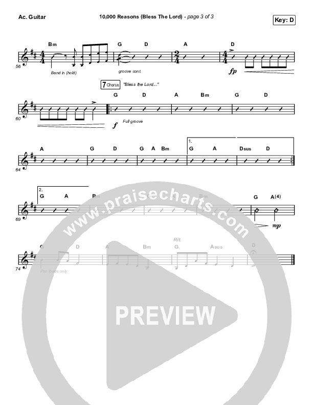 10,000 Reasons (Bless The Lord) (Unison/2-Part Choir) Acoustic Guitar (Matt Redman / Crowder / Tauren Wells / Naomi Raine / Worship Together / Arr. Mason Brown)