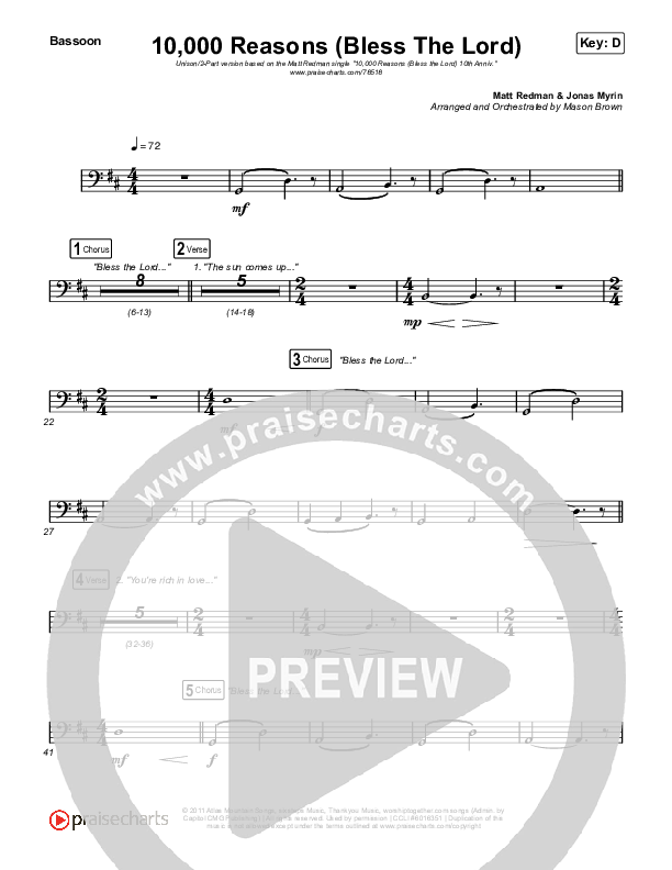 10,000 Reasons (Bless The Lord) (Unison/2-Part Choir) Bassoon (Matt Redman / Crowder / Tauren Wells / Naomi Raine / Worship Together / Arr. Mason Brown)