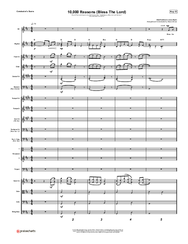 10,000 Reasons (Bless The Lord) (Unison/2-Part Choir) Conductor's Score (Matt Redman / Crowder / Tauren Wells / Naomi Raine / Worship Together / Arr. Mason Brown)