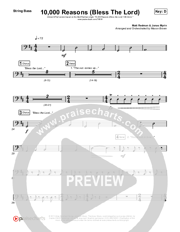 10,000 Reasons (Bless The Lord) (Unison/2-Part Choir) Double Bass (Matt Redman / Crowder / Tauren Wells / Naomi Raine / Worship Together / Arr. Mason Brown)