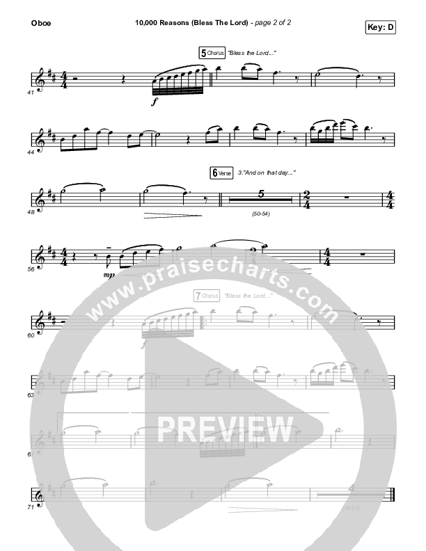 10,000 Reasons (Bless The Lord) (Unison/2-Part Choir) Oboe (Matt Redman / Crowder / Tauren Wells / Naomi Raine / Worship Together / Arr. Mason Brown)
