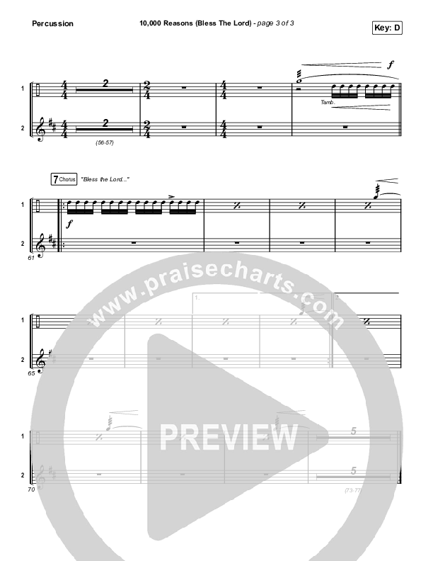 10,000 Reasons (Bless The Lord) (Unison/2-Part Choir) Percussion (Matt Redman / Crowder / Tauren Wells / Naomi Raine / Worship Together / Arr. Mason Brown)