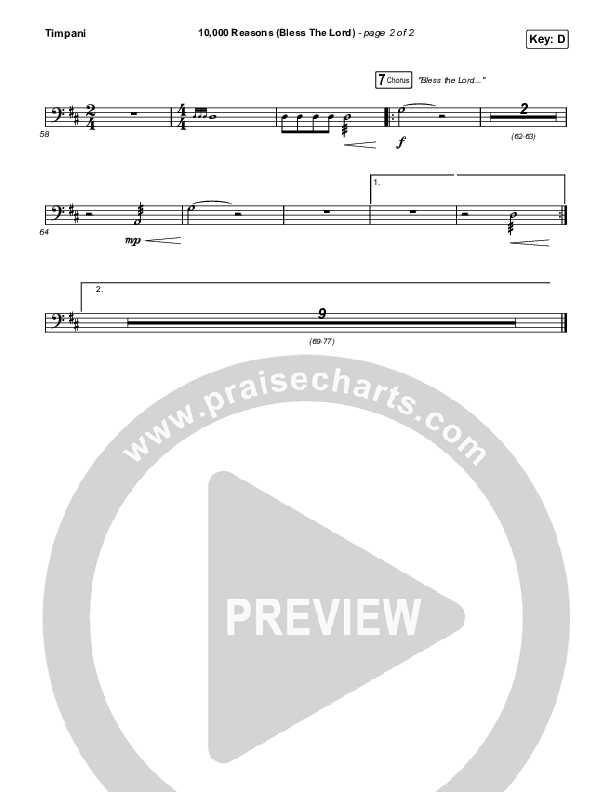 10,000 Reasons (Bless The Lord) (Unison/2-Part Choir) Timpani (Matt Redman / Crowder / Tauren Wells / Naomi Raine / Worship Together / Arr. Mason Brown)