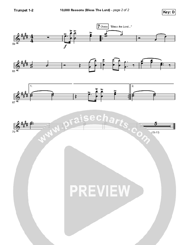 10,000 Reasons (Bless The Lord) (Unison/2-Part Choir) Trumpet 1,2 (Matt Redman / Crowder / Tauren Wells / Naomi Raine / Worship Together / Arr. Mason Brown)