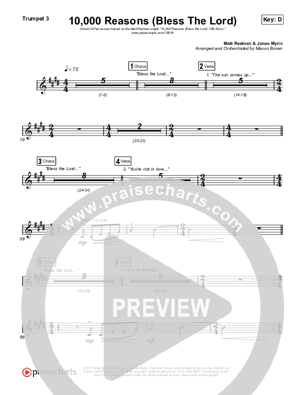 10,000 Reasons (Bless The Lord) (Unison/2-Part Choir) Trumpet 3 (Matt Redman / Crowder / Tauren Wells / Naomi Raine / Worship Together / Arr. Mason Brown)