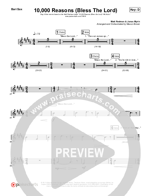 10,000 Reasons (Bless The Lord) (Sing It Now SATB) Bari Sax (Matt Redman / Crowder / Tauren Wells / Naomi Raine / Worship Together / Arr. Mason Brown)