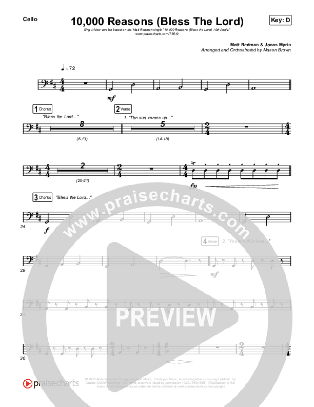 10,000 Reasons (Bless The Lord) (Sing It Now SATB) Cello (Matt Redman / Crowder / Tauren Wells / Naomi Raine / Worship Together / Arr. Mason Brown)