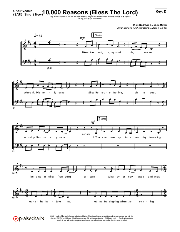 10,000 Reasons (Bless The Lord) (Sing It Now SATB) Choir Sheet (SATB) (Matt Redman / Crowder / Tauren Wells / Naomi Raine / Worship Together / Arr. Mason Brown)