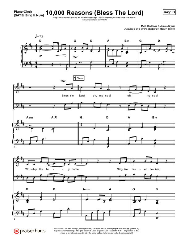 10,000 Reasons (Bless The Lord) (Sing It Now SATB) Piano/Choir (SATB) (Matt Redman / Crowder / Tauren Wells / Naomi Raine / Worship Together / Arr. Mason Brown)