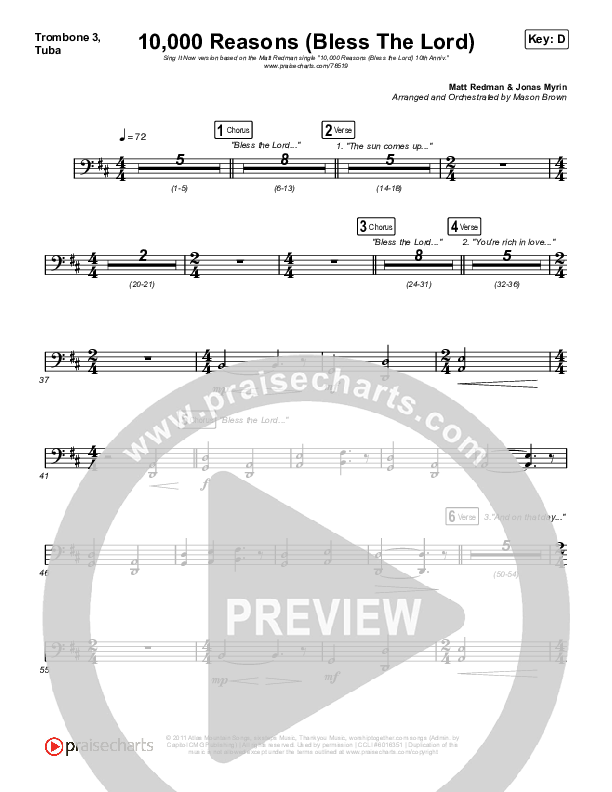 10,000 Reasons (Bless The Lord) (Sing It Now SATB) Trombone 3/Tuba (Matt Redman / Crowder / Tauren Wells / Naomi Raine / Worship Together / Arr. Mason Brown)