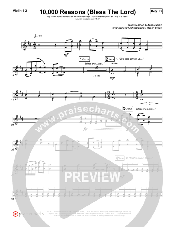10,000 Reasons (Bless The Lord) (Sing It Now SATB) Violin 1/2 (Matt Redman / Crowder / Tauren Wells / Naomi Raine / Worship Together / Arr. Mason Brown)