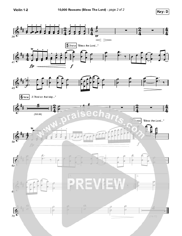10,000 Reasons (Bless The Lord) (Sing It Now SATB) Violin 1/2 (Matt Redman / Crowder / Tauren Wells / Naomi Raine / Worship Together / Arr. Mason Brown)