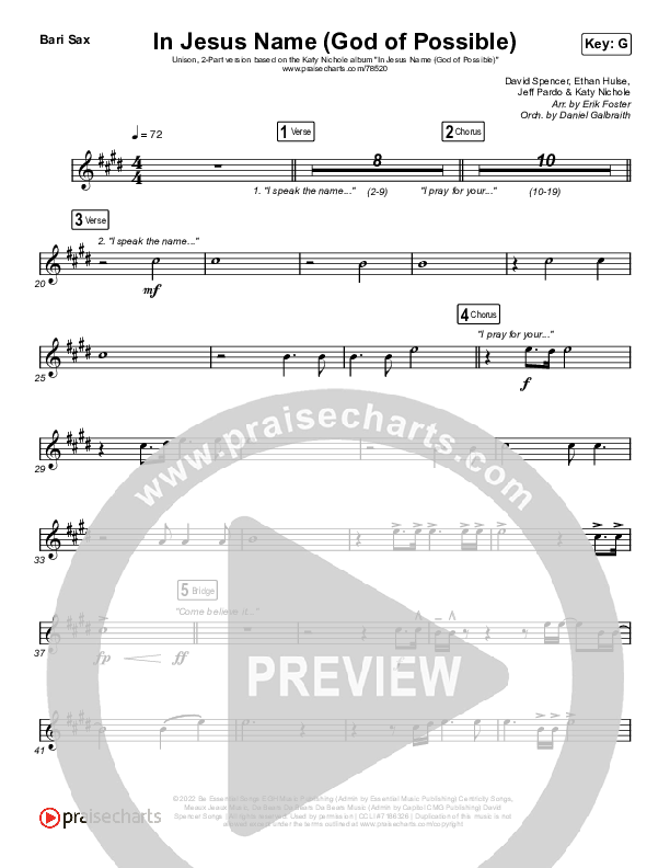 In Jesus Name (God Of Possible) (Unison/2-Part Choir) Bari Sax (Katy Nichole / Arr. Erik Foster)