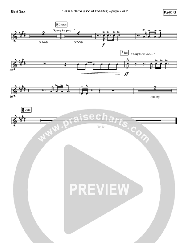 In Jesus Name (God Of Possible) (Unison/2-Part Choir) Bari Sax (Katy Nichole / Arr. Erik Foster)