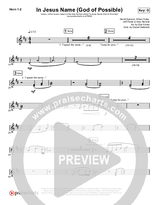 In Jesus Name (God Of Possible) (Unison/2-Part Choir) French Horn 1/2 (Katy Nichole / Arr. Erik Foster)
