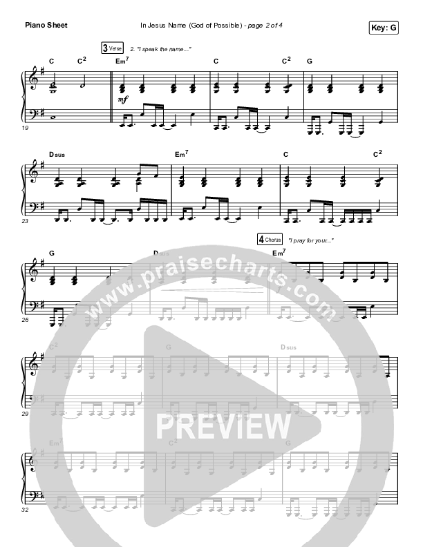 In Jesus Name (God Of Possible) (Unison/2-Part Choir) Piano Sheet (Katy Nichole / Arr. Erik Foster)