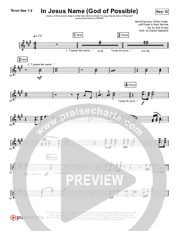 In Jesus Name (God Of Possible) (Unison/2-Part Choir) Sax Pack (Katy Nichole / Arr. Erik Foster)