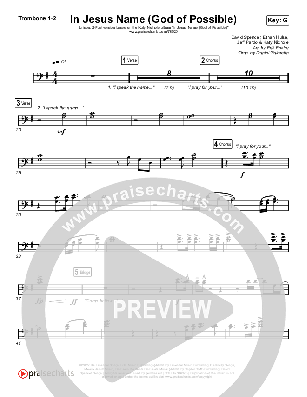 In Jesus Name (God Of Possible) (Unison/2-Part Choir) Trombone 1/2 (Katy Nichole / Arr. Erik Foster)