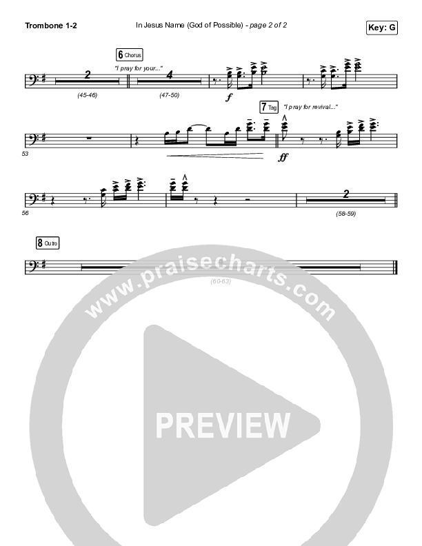 In Jesus Name (God Of Possible) (Unison/2-Part Choir) Trombone 1/2 (Katy Nichole / Arr. Erik Foster)