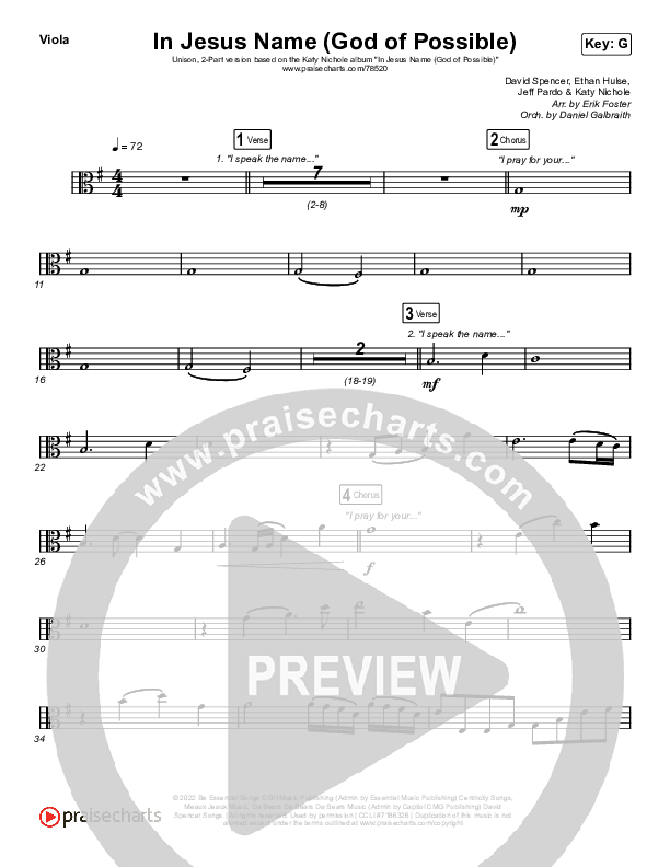 In Jesus Name (God Of Possible) (Unison/2-Part Choir) Viola (Katy Nichole / Arr. Erik Foster)
