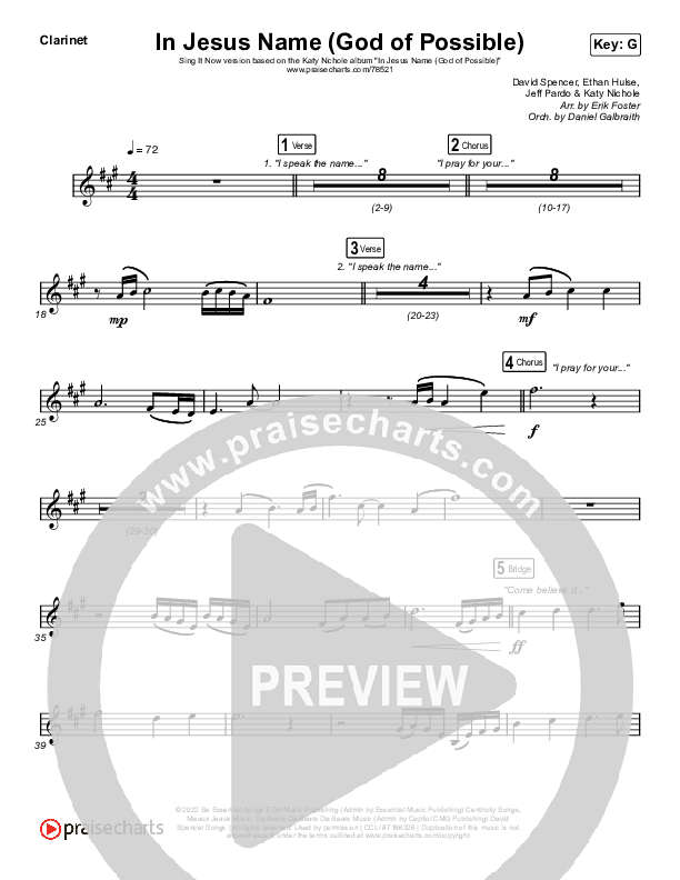 In Jesus Name (God Of Possible) (Sing It Now SATB) Clarinet (Katy Nichole / Arr. Erik Foster)