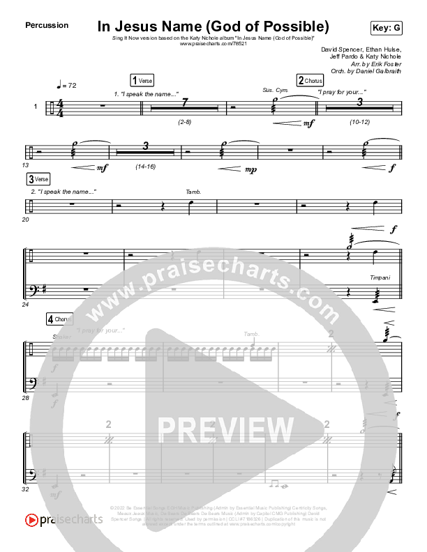 In Jesus Name (God Of Possible) (Sing It Now SATB) Percussion (Katy Nichole / Arr. Erik Foster)