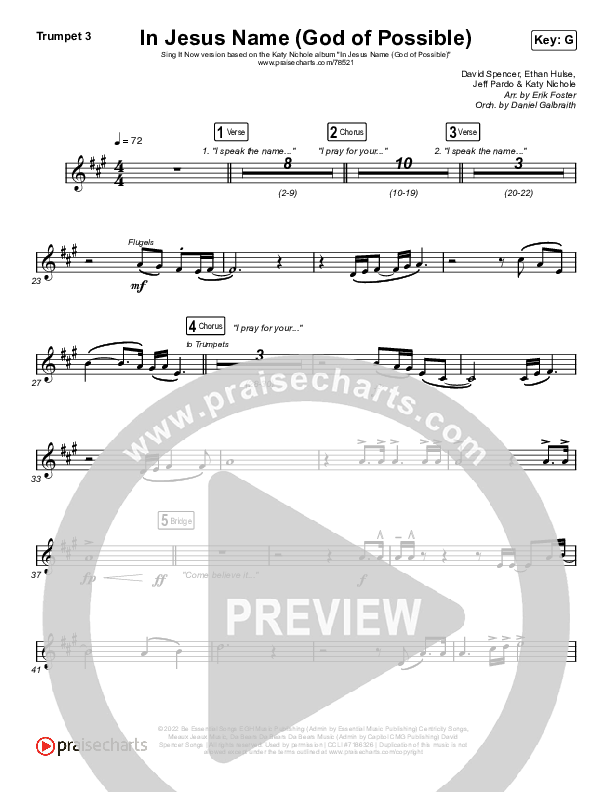 In Jesus Name (God Of Possible) (Sing It Now SATB) Trumpet 3 (Katy Nichole / Arr. Erik Foster)