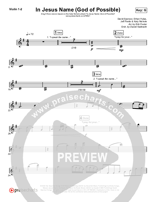 In Jesus Name (God Of Possible) (Sing It Now SATB) Violin 1/2 (Katy Nichole / Arr. Erik Foster)
