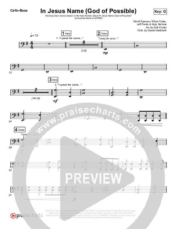 In Jesus Name (God Of Possible) (Worship Choir SAB) Cello/Bass (Katy Nichole / Arr. Erik Foster)