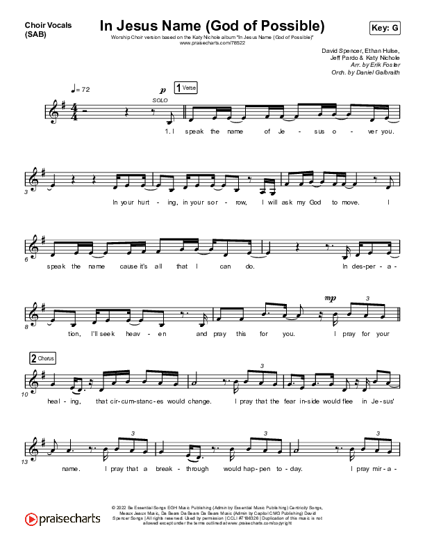 In Jesus Name (God Of Possible) (Worship Choir SAB) Choir Sheet (SAB) (Katy Nichole / Arr. Erik Foster)