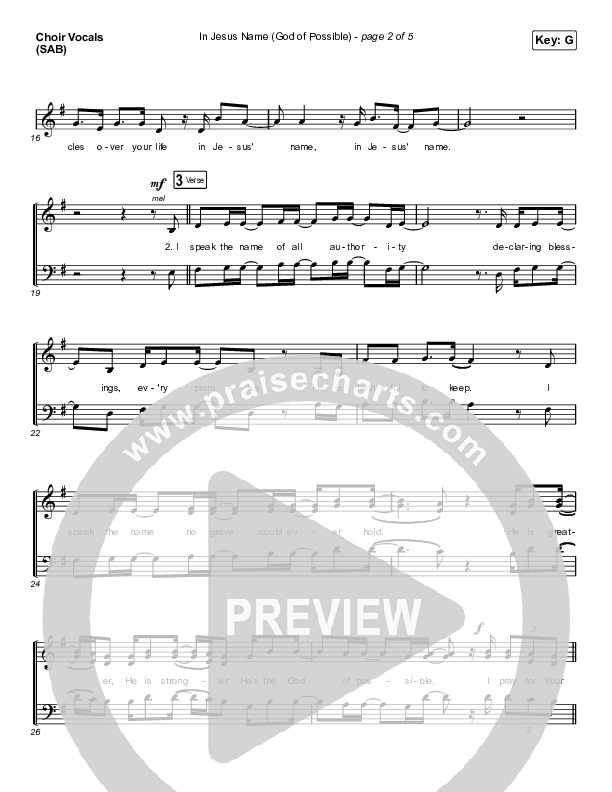In Jesus Name (God Of Possible) (Worship Choir SAB) Choir Sheet (SAB) (Katy Nichole / Arr. Erik Foster)