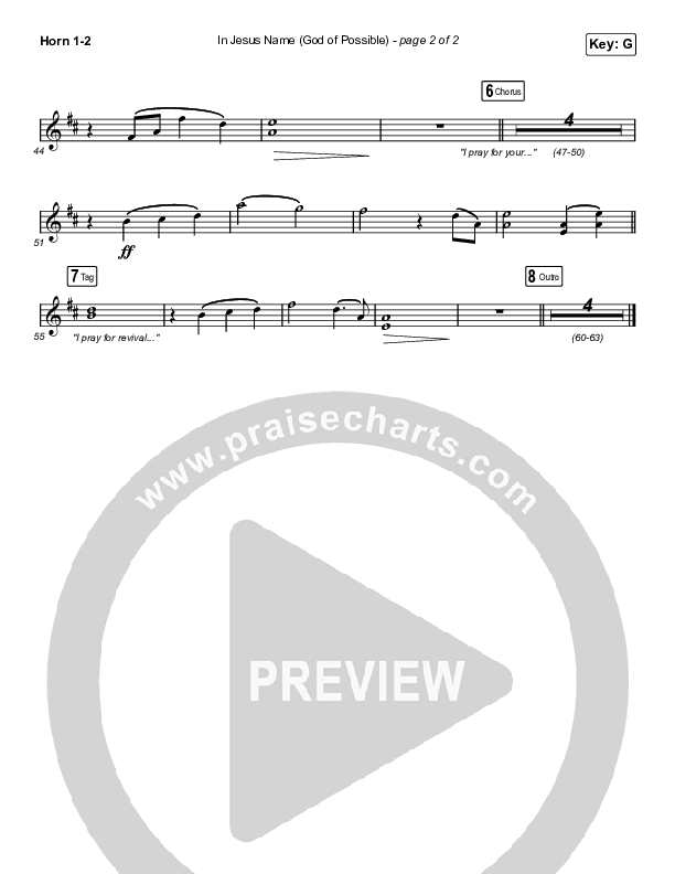 In Jesus Name (God Of Possible) (Worship Choir SAB) French Horn 1/2 (Katy Nichole / Arr. Erik Foster)