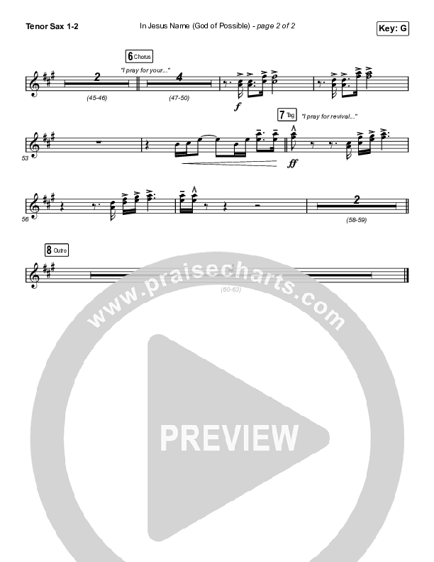In Jesus Name (God Of Possible) (Worship Choir SAB) Tenor Sax 1/2 (Katy Nichole / Arr. Erik Foster)