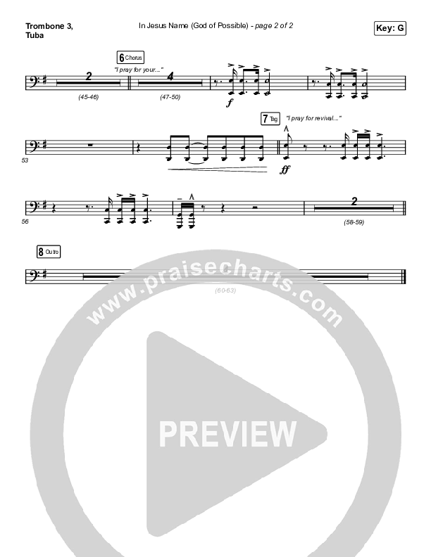 In Jesus Name (God Of Possible) (Worship Choir SAB) Trombone 3/Tuba (Katy Nichole / Arr. Erik Foster)