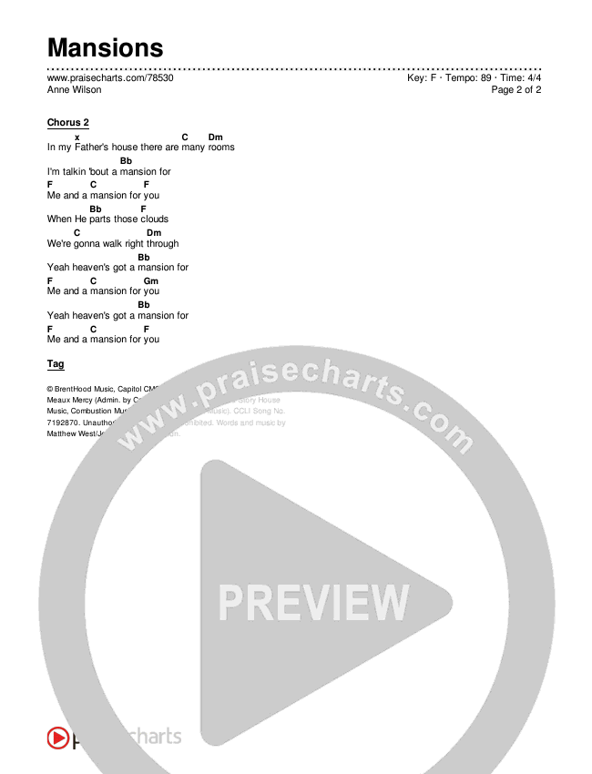 Mansions Chords PDF (Anne Wilson) PraiseCharts