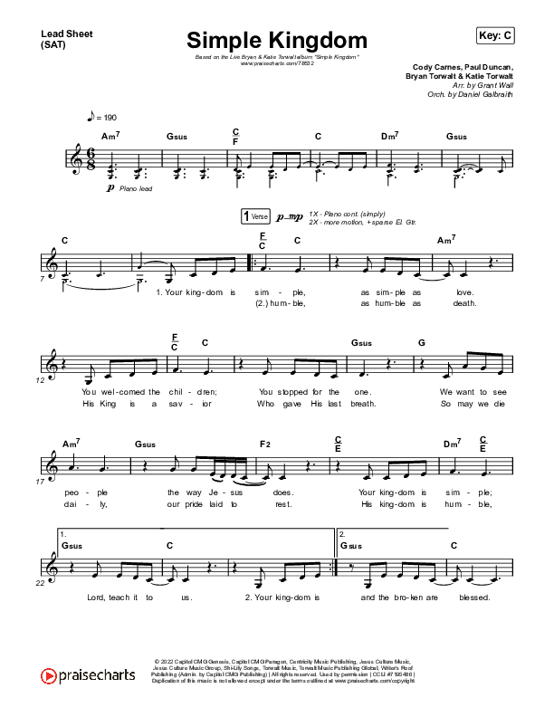 Simple Kingdom (Live) Lead Sheet (SAT) (Bryan & Katie Torwalt)