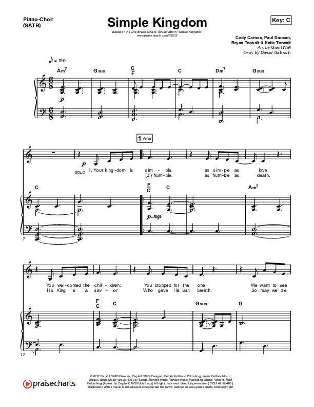 Simple Kingdom (Live) Piano/Vocal (SATB) (Bryan & Katie Torwalt)