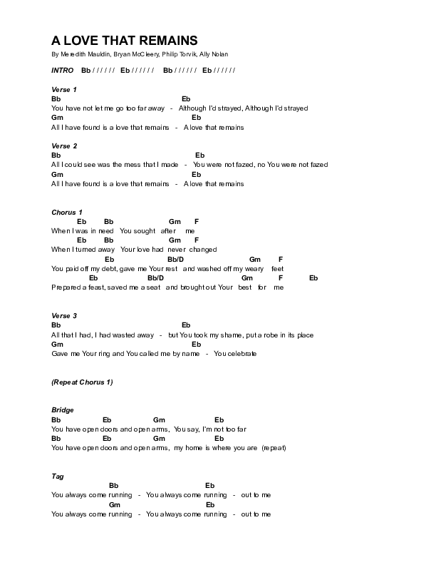 A Love That Remains Chord Chart (Bryan McCleery)