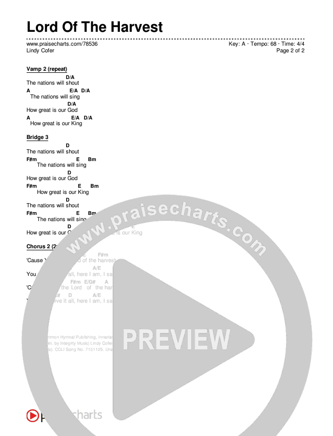 Lord Of The Harvest (Live) Chords & Lyrics (Lindy Cofer)