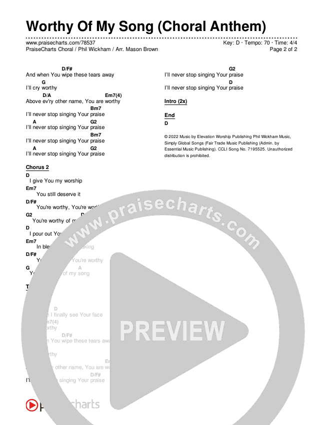 Worthy Of My Song (Choral Anthem SATB) Chords & Lyrics (Phil Wickham / Arr. Mason Brown)
