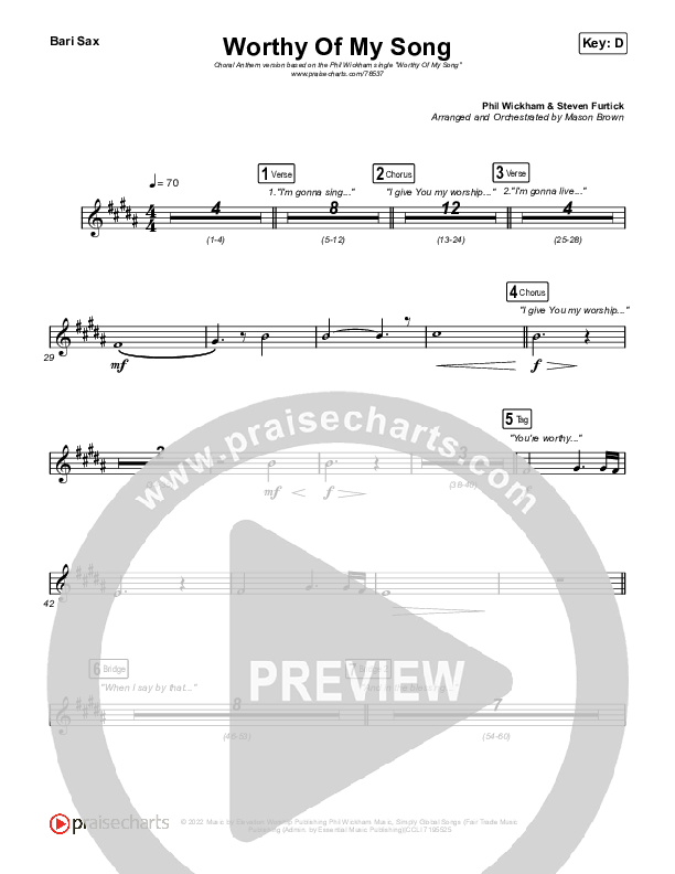Worthy Of My Song (Choral Anthem SATB) Bari Sax (Phil Wickham / Arr. Mason Brown)
