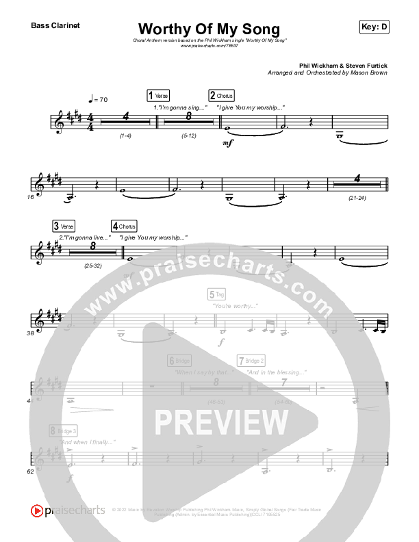 Worthy Of My Song (Choral Anthem SATB) Bass Clarinet (Phil Wickham / Arr. Mason Brown)