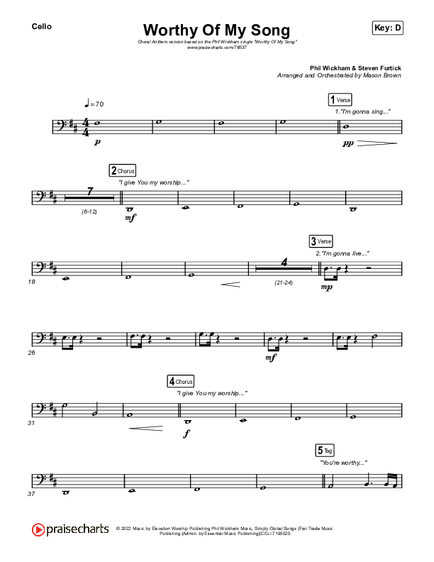 Worthy Of My Song (Choral Anthem SATB) Cello (Phil Wickham / Arr. Mason Brown)