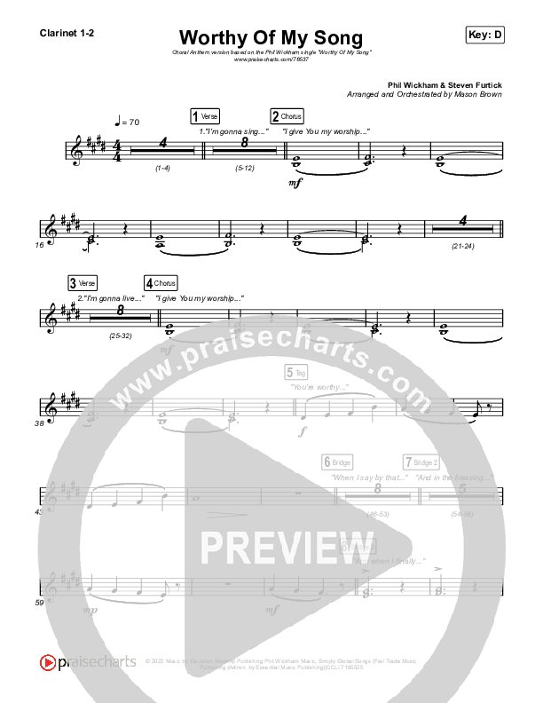 Worthy Of My Song (Choral Anthem SATB) Clarinet 1,2 (Phil Wickham / Arr. Mason Brown)