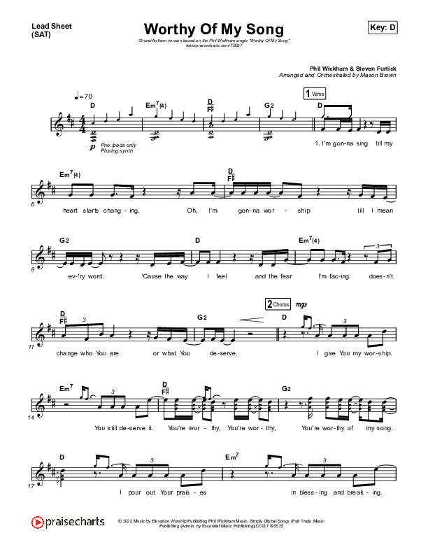Worthy Of My Song (Choral Anthem SATB) Lead Sheet (SAT) (Phil Wickham / Arr. Mason Brown)