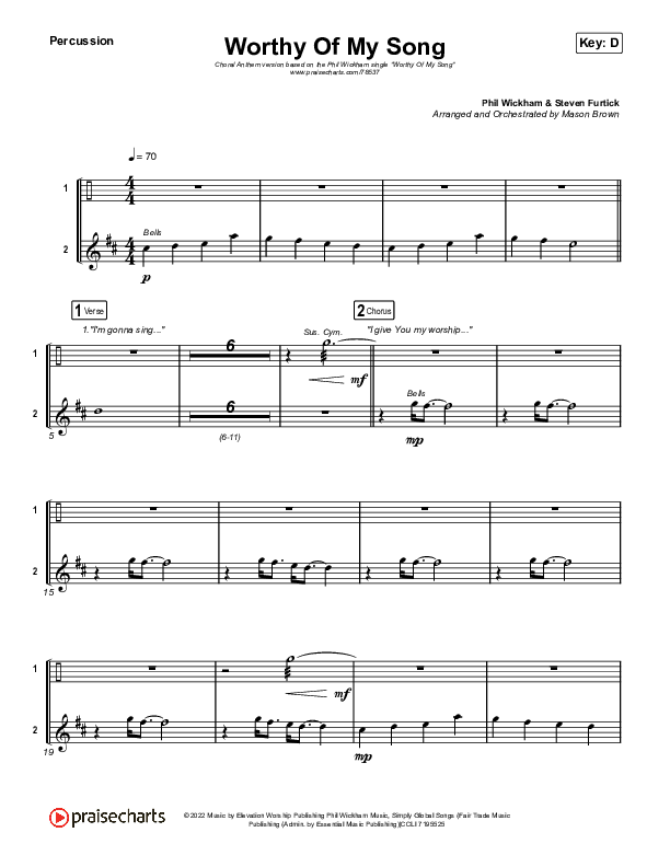 Worthy Of My Song (Choral Anthem SATB) Percussion (Phil Wickham / Arr. Mason Brown)