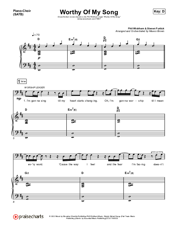 Worthy Of My Song (Choral Anthem SATB) Piano/Vocal (SATB) (Phil Wickham / Arr. Mason Brown)
