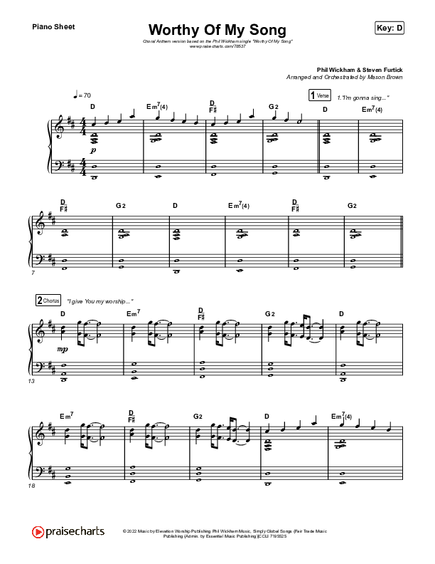 Worthy Of My Song (Choral Anthem SATB) Piano Sheet (Phil Wickham / Arr. Mason Brown)