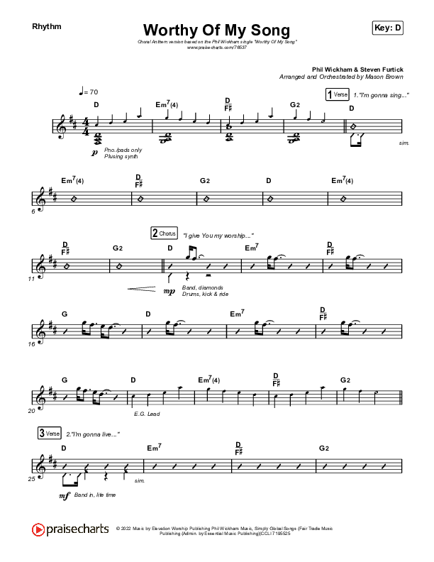 Worthy Of My Song (Choral Anthem SATB) Rhythm Chart (Phil Wickham / Arr. Mason Brown)